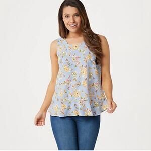 Denim & Co. Small NWOT Printed Blue Foral Sleeveless Tank Top Flutter Bottom